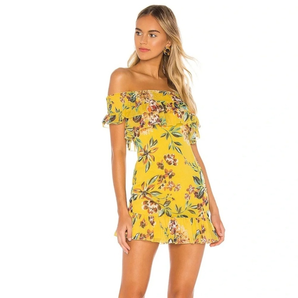 Tularosa Lanzo Floral Boho Ruffled Off the Shoulder Mini Dress Yellow Women L